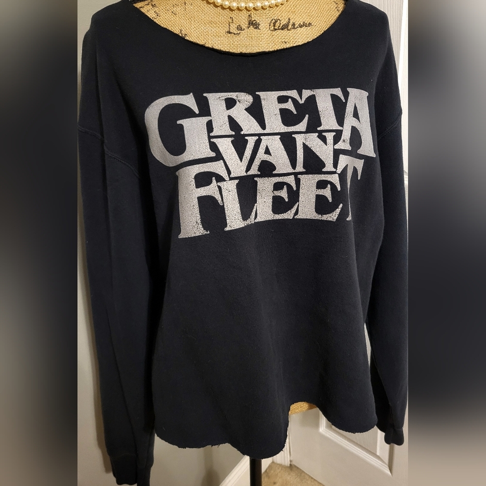 Womens XL Cropped Off Shoulders Black GRETA VAN FLEET Band Crewneck Sweatshirt
